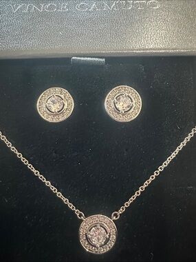 Vince Camuto Silver Crystal Halo Necklace and Stud Earrings Set